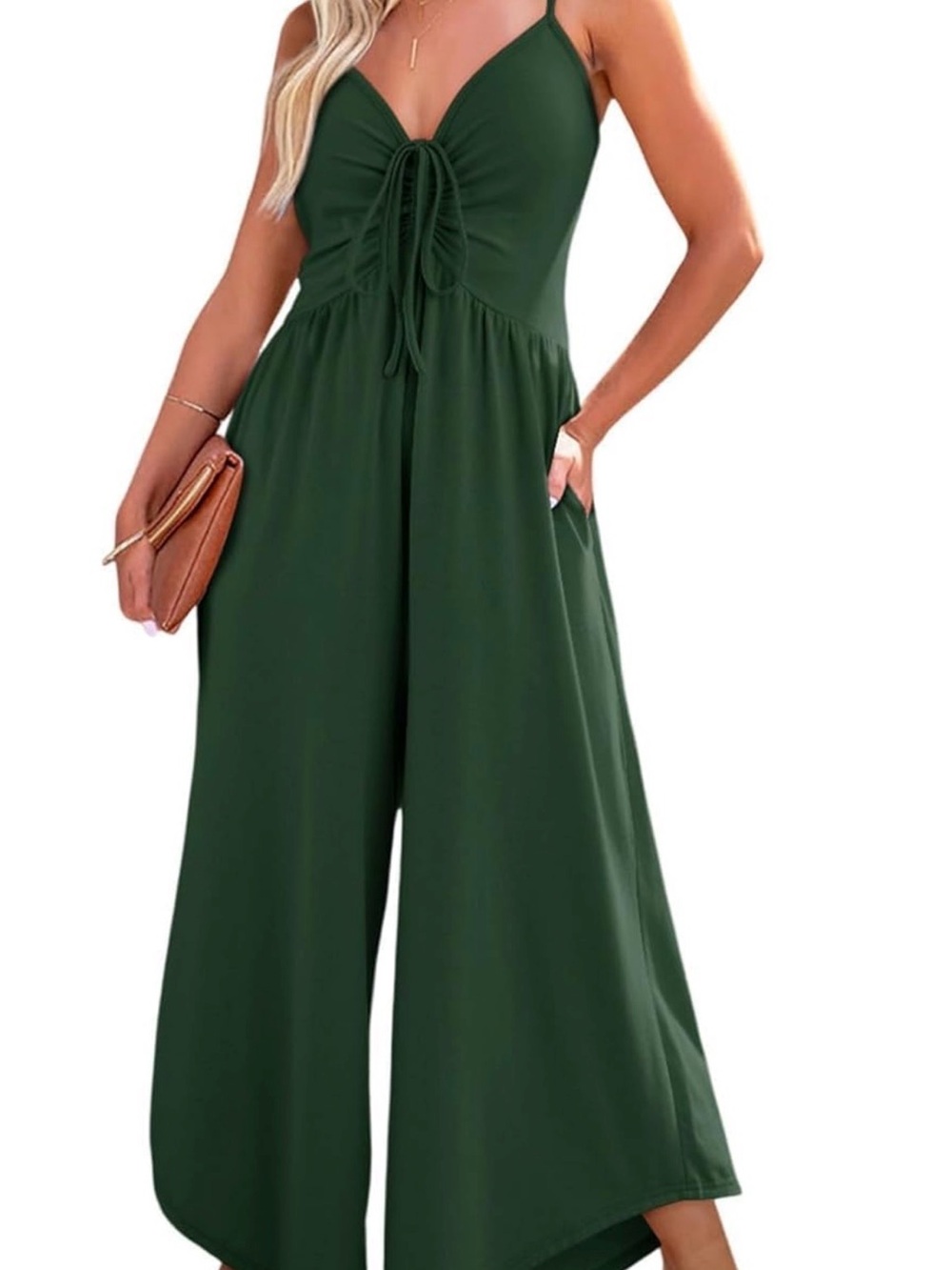 Women's Dark Green Wide-Leg Jumpsuit with Tie Front